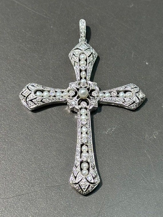 Art Deco Platinum Seed Pearl and Diamond Cross Pe… - image 1