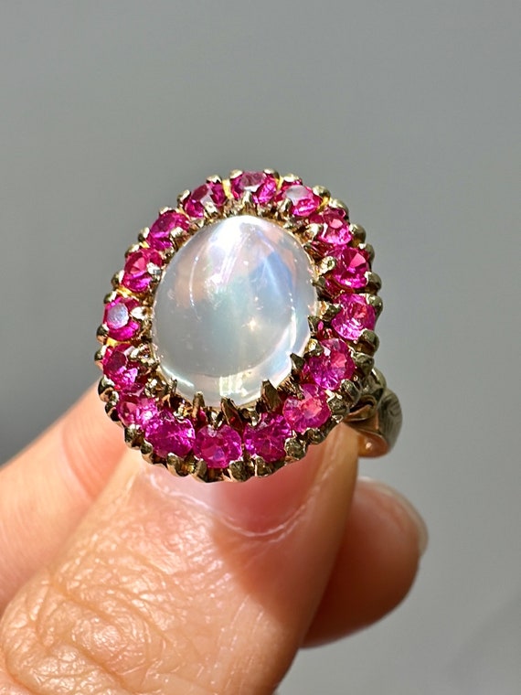 Victorian 10K Gold Moonstone Ruby Halo Ring