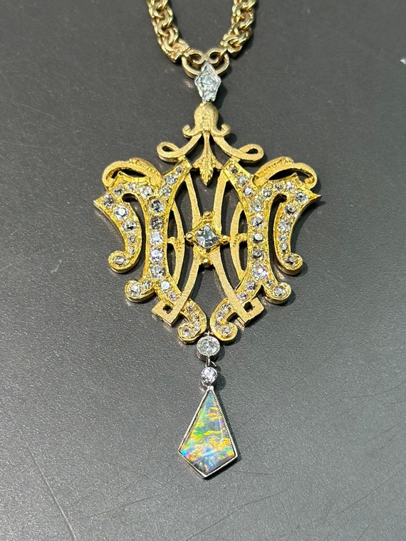 Edwardian 18K Gold Black Opal Diamond Motif Neckla