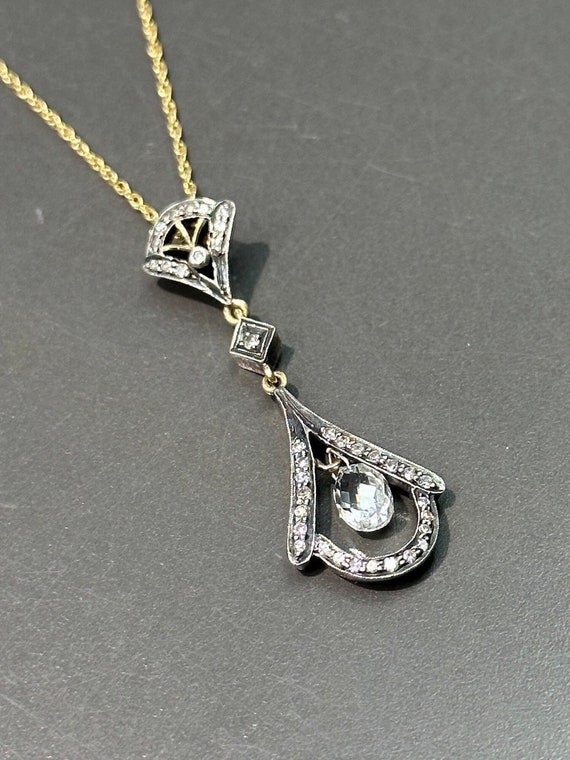 Edwardian 18K Gold Topped Silver Diamond Drop Nec… - image 1