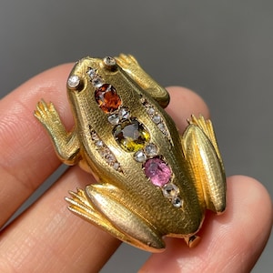 Antique 18K Gold Tourmaline Diamond Frog Pendant Brooch