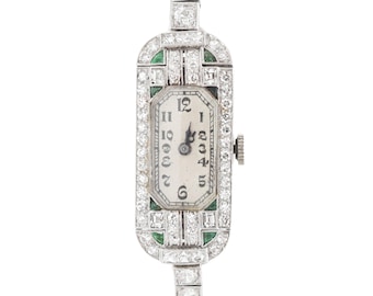 Art Deco Platinum Diamond Emerald Watch Bracelet