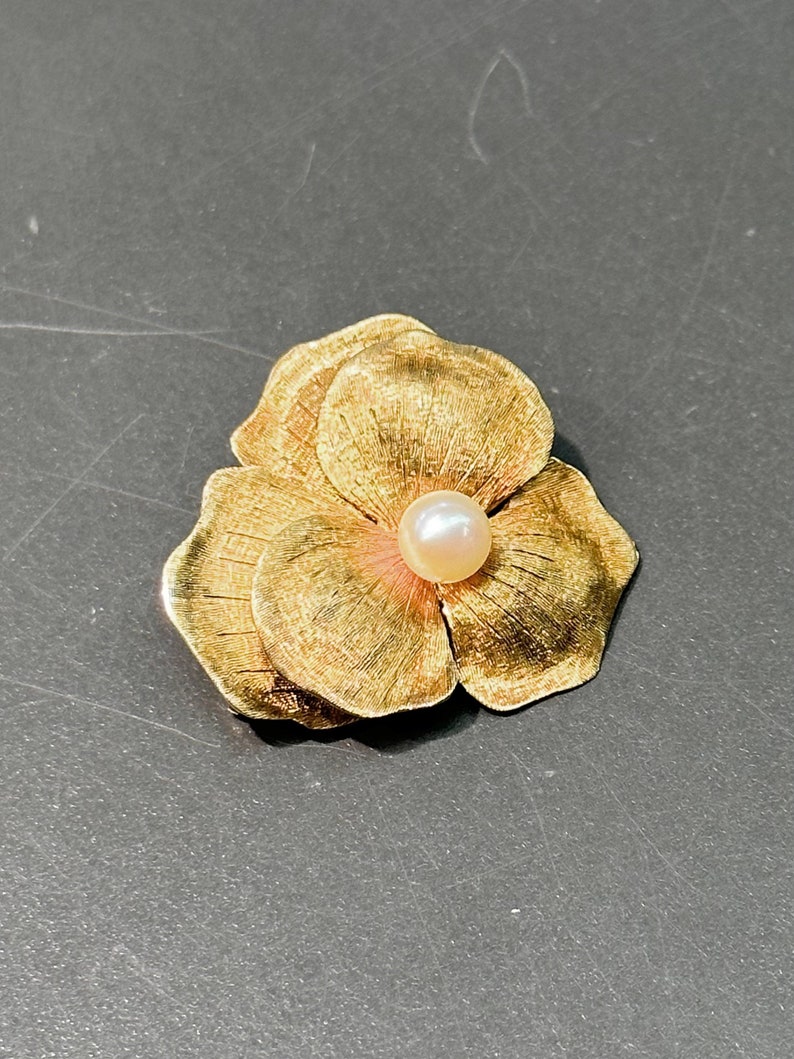 Art Nouveau 14K Gold Pearl Pansy Flower Brooch image 4