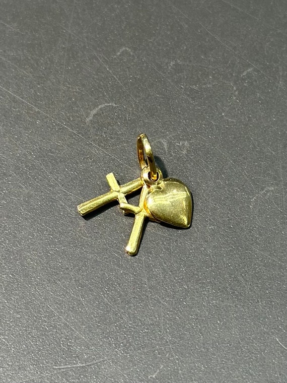 14K Gold Double Heart and Cross Charm