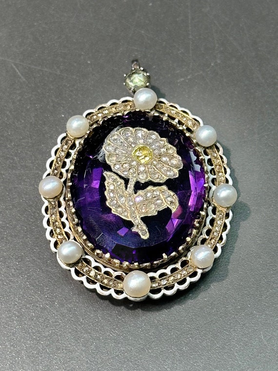 Victorian 14K Gold Amethyst and Rose Cut Flower E… - image 1