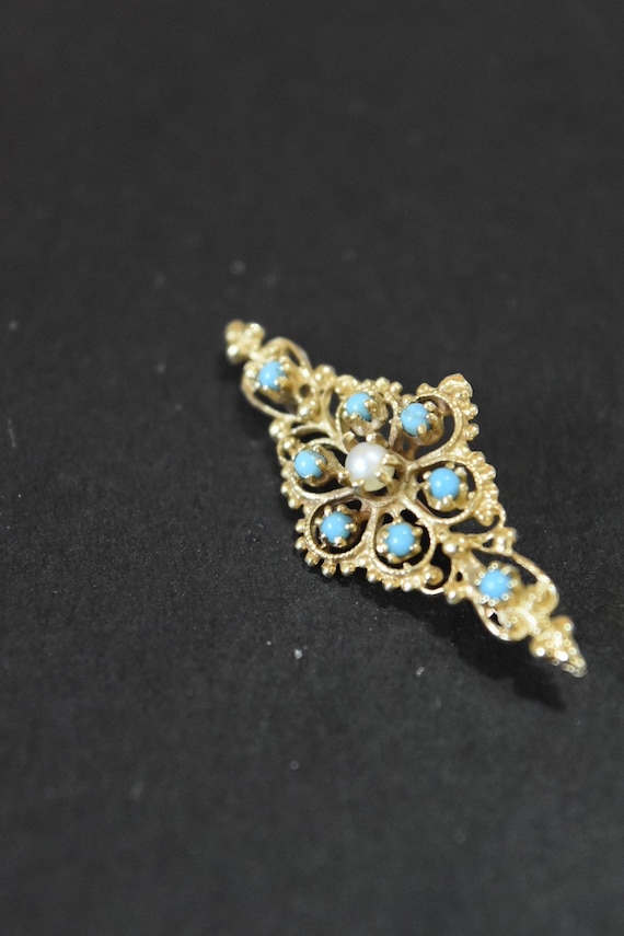 Victorian 14K Gold Natural Turquoise and Peal Bro… - image 5