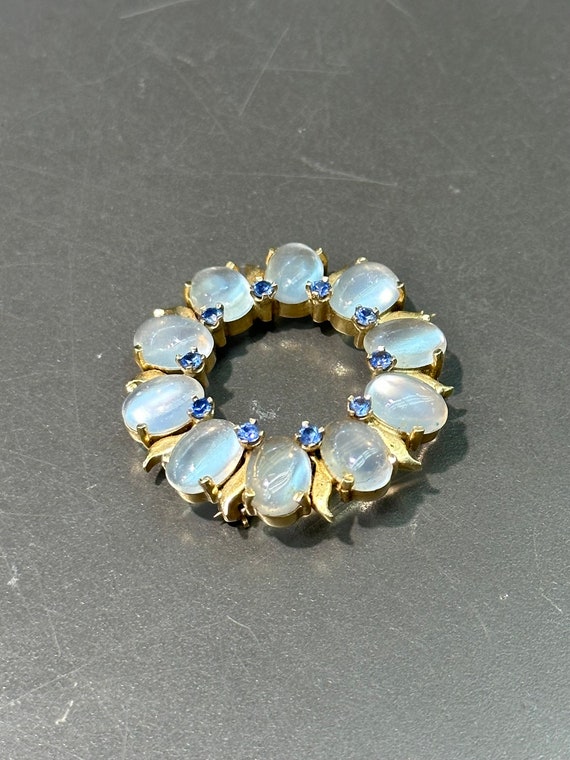 Retro 14K Gold Moonstone and Sapphire Circle Pin … - image 3