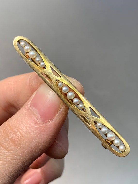 Art Nouveau 14K Gold Seed Pearl Bar Brooch