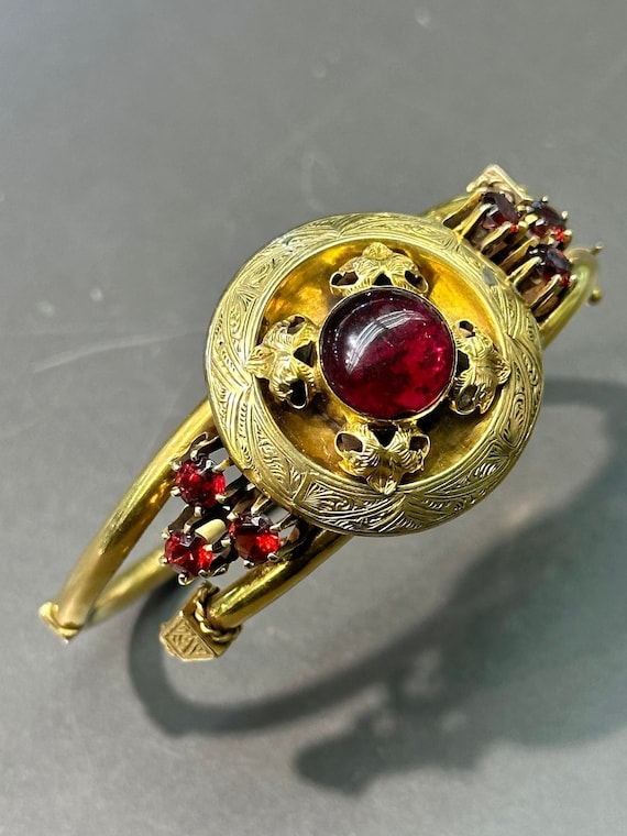 Victorian 18K Gold Garnet Bangle Bracelet - image 1