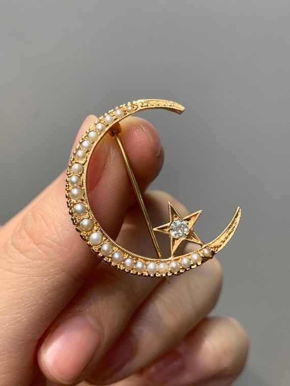Antique 14K Gold Pearl and Diamond Crescent and S… - image 6