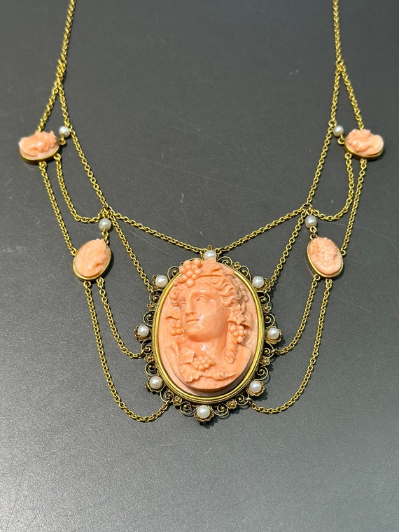 Antique 14K Gold Coral Cameo and Pearl Lavaliere N