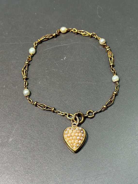 Victorian 18K Gold Seed Pearl Heart Locket Bracele