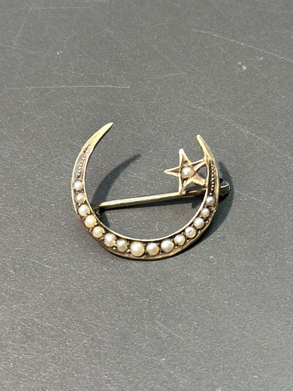 Antique 10K Gold Seed Pearl Crescent Brooch - image 1