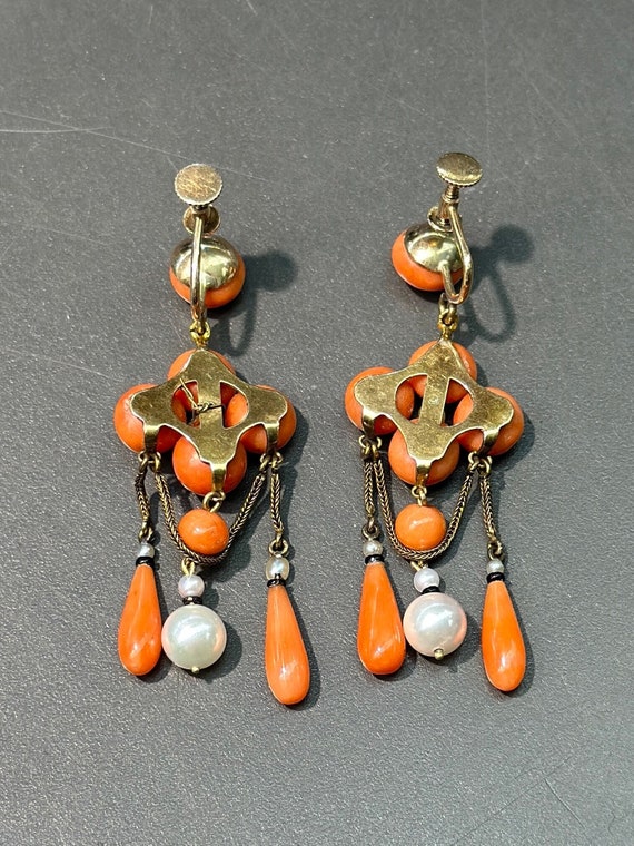 Victorian 14K Gold Coral and Pearl Chandelier Ear… - image 3