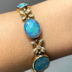 Vintage 14K Yellow Gold Black Opal Diamond Bracelet