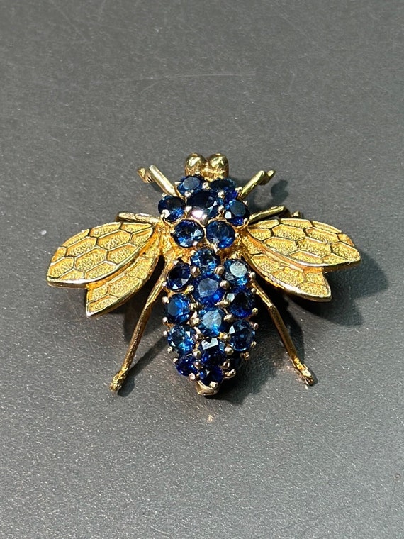 Vintage 14K Gold Large Sapphire Bee Pendant Brooch