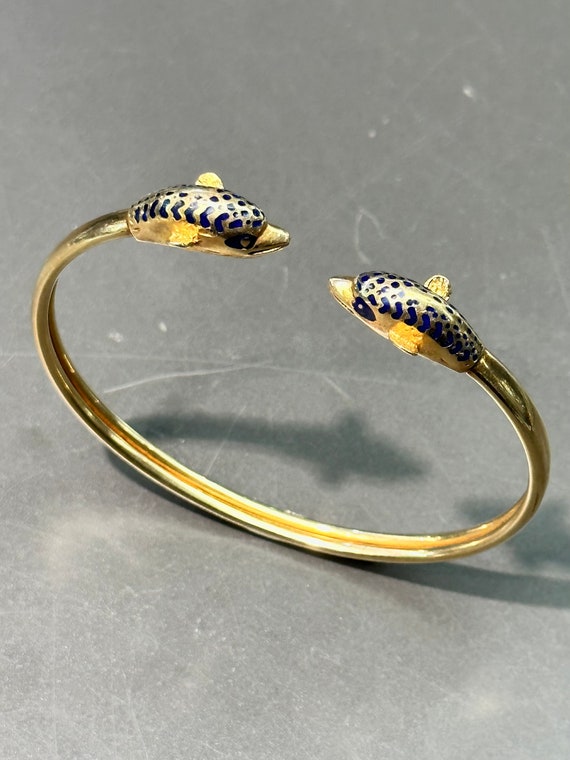 Vintage 14K Gold Enamel Sea Dolphin Cuff Bracelet