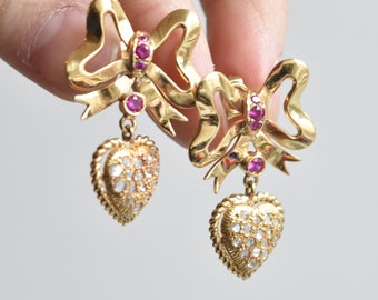 Retro Style 18K Gold Bow and Rose Gold Heart Drop Earring