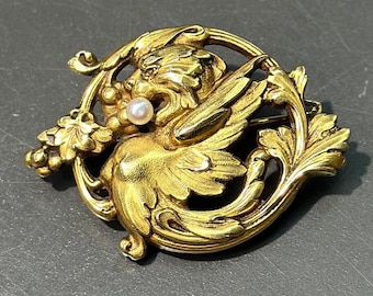 Broche Pendentif Vintage Or Jaune 14 Carats Tête De Lion Avec Diamant Et Rubis - 7,6 Grammes