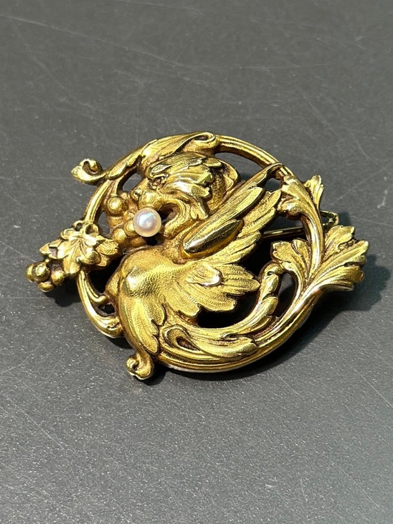 Antique 18K Gold French Griffin and Natural Pearl 