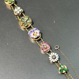 Art Nouveau 14K Gold Enameled Flower Charm Slide Bracelet