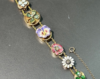 Art Nouveau 14K Gold Enameled Flower Charm Slide Bracelet