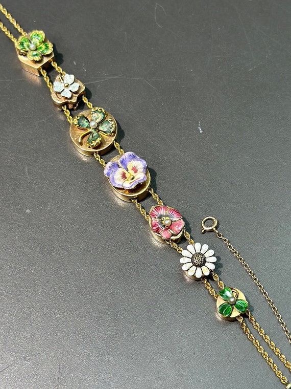 Art Nouveau 14K Yellow Gold Enameled Flower Charm Slide Bracelet