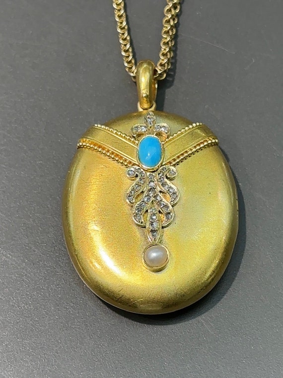 Victorian 18K Gold Natural Pearl Turquoise Diamond