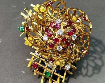 Vintage French 18K Gold En Tremblant Multi-Gemstone Flower Brooch