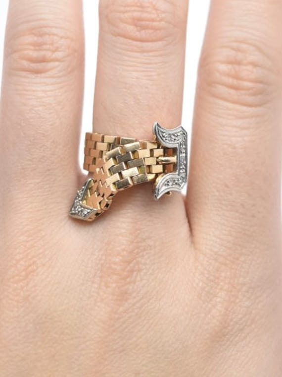 Retro 14K Gold Diamond Buckle Belt Ring - image 1