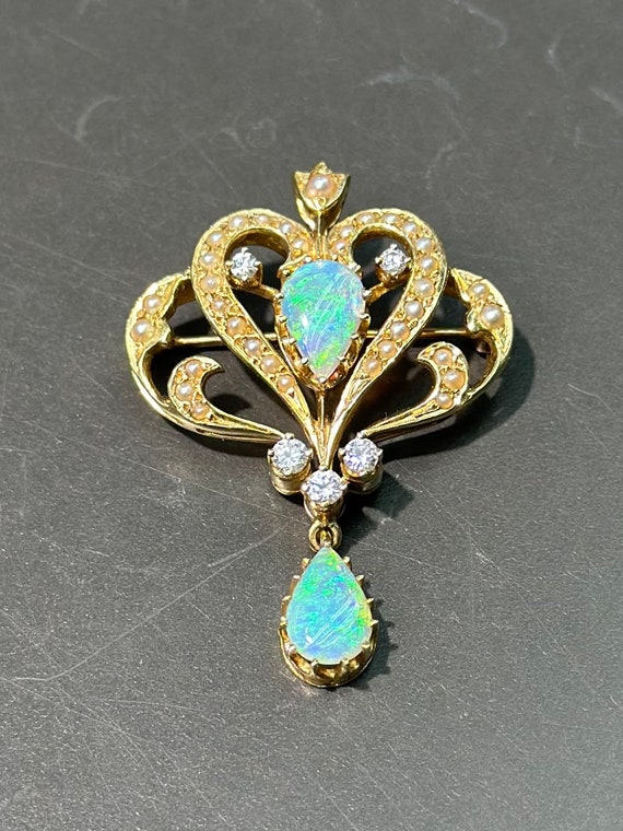 Victorian 14K Gold Opal Diamond Seed Pearl Brooch 