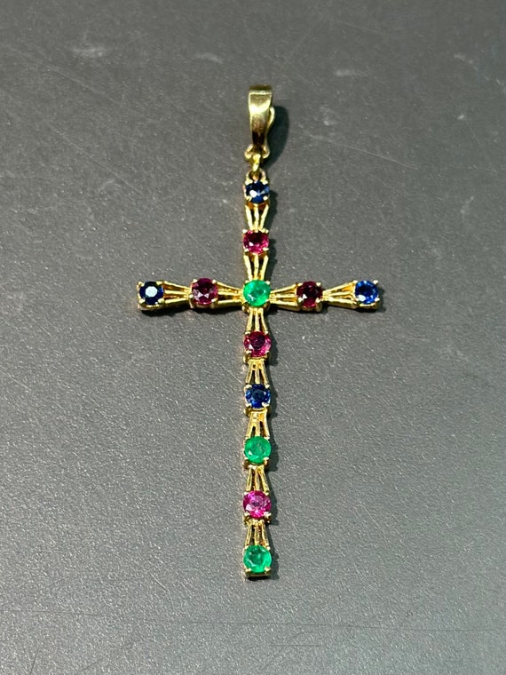 14K Gold Sapphire Ruby Emerald Cross Pendant 