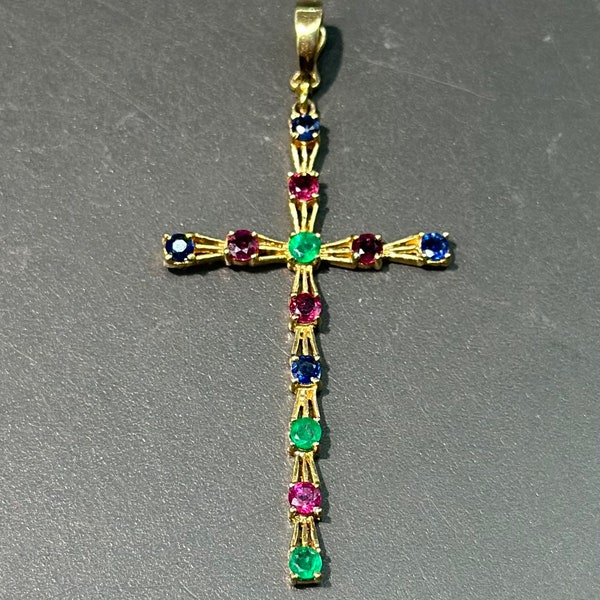 14K Gold Sapphire Ruby Emerald Cross Pendant 