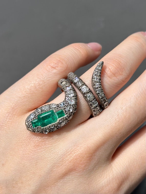 Victorian 15K Gold Diamond Emerald Serpent Ring S… - image 2