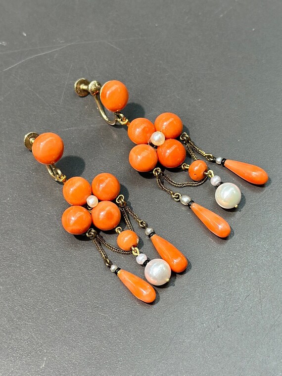 Victorian 14K Gold Coral and Pearl Chandelier Ear… - image 2