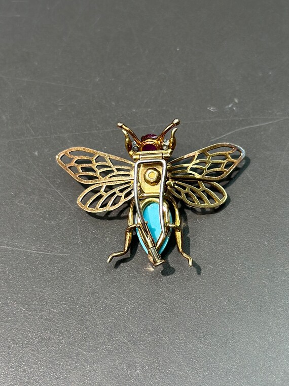 Vintage 18K Gold Articulate Turquoise Ruby Bug Br… - image 5