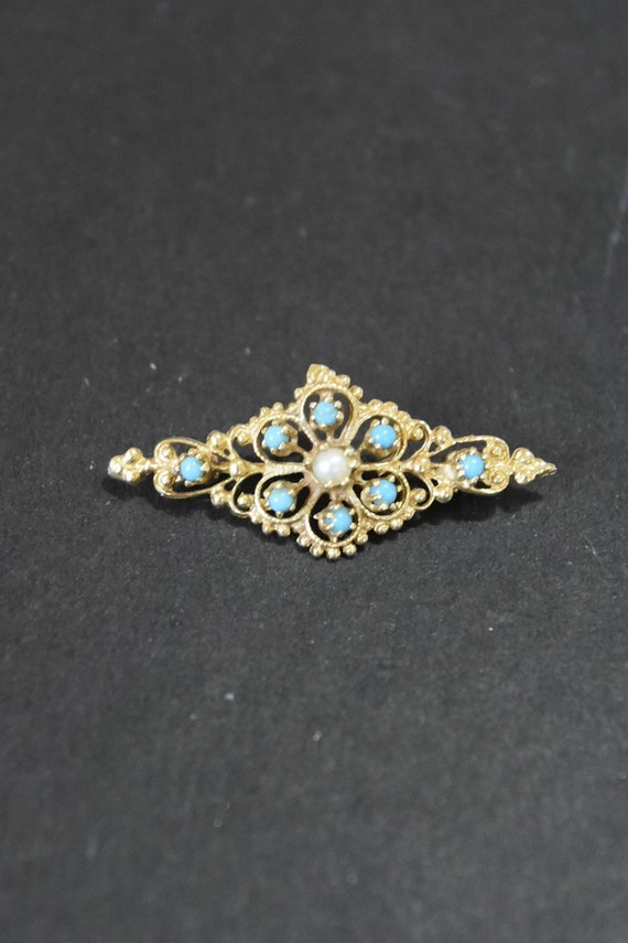 Victorian 14K Gold Natural Turquoise and Peal Bro… - image 1