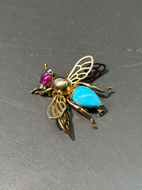 Vintage 18K Gold Articulate Turquoise Ruby Bug Br… - image 4