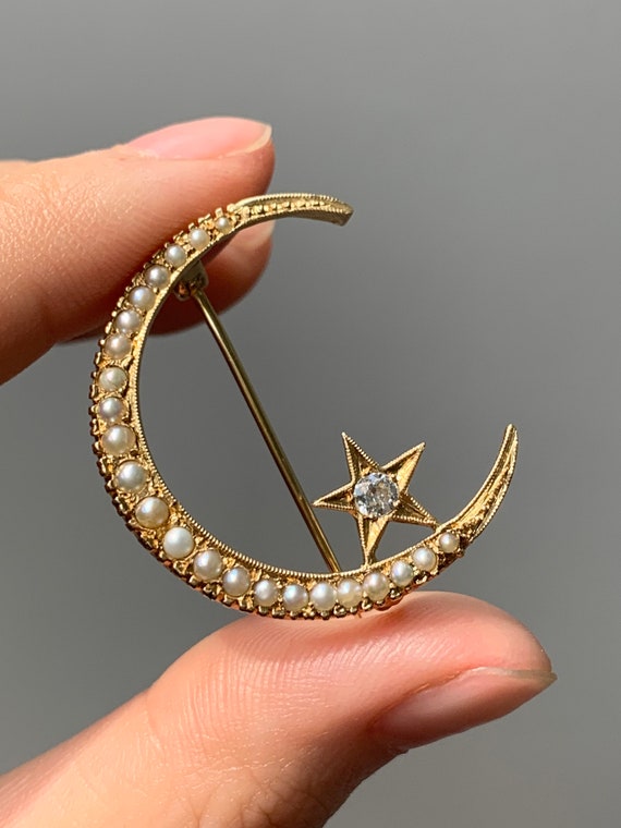 Antique 14K Gold Pearl and Diamond Crescent and S… - image 3