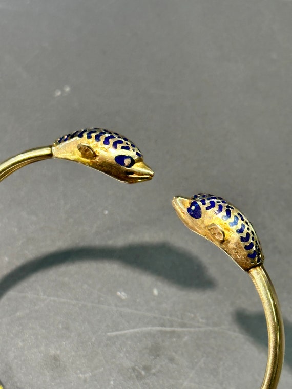 Vintage 14K Gold Enamel Sea Dolphin Cuff Bracelet - image 4