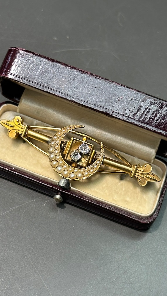 Victorian Etruscan 14K Gold Diamond and Seed Pearl