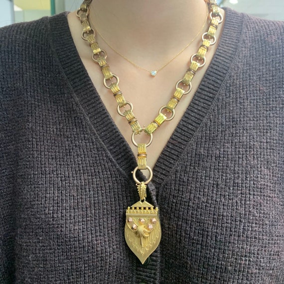 Antique Victorian Etruscan Revival 14K Gold Locket Book Chain