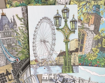 London Postcard Set | Travel Postcard | Illustrated Landmarks | Stationary Cards | UK Artist | Set of 7 | A6