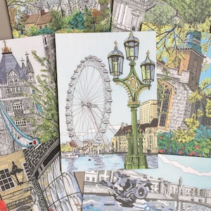 London Postcard Set Travel Postcard Illustrated Landmarks Stationary Cards UK Artist Set of 7 A6 image 1