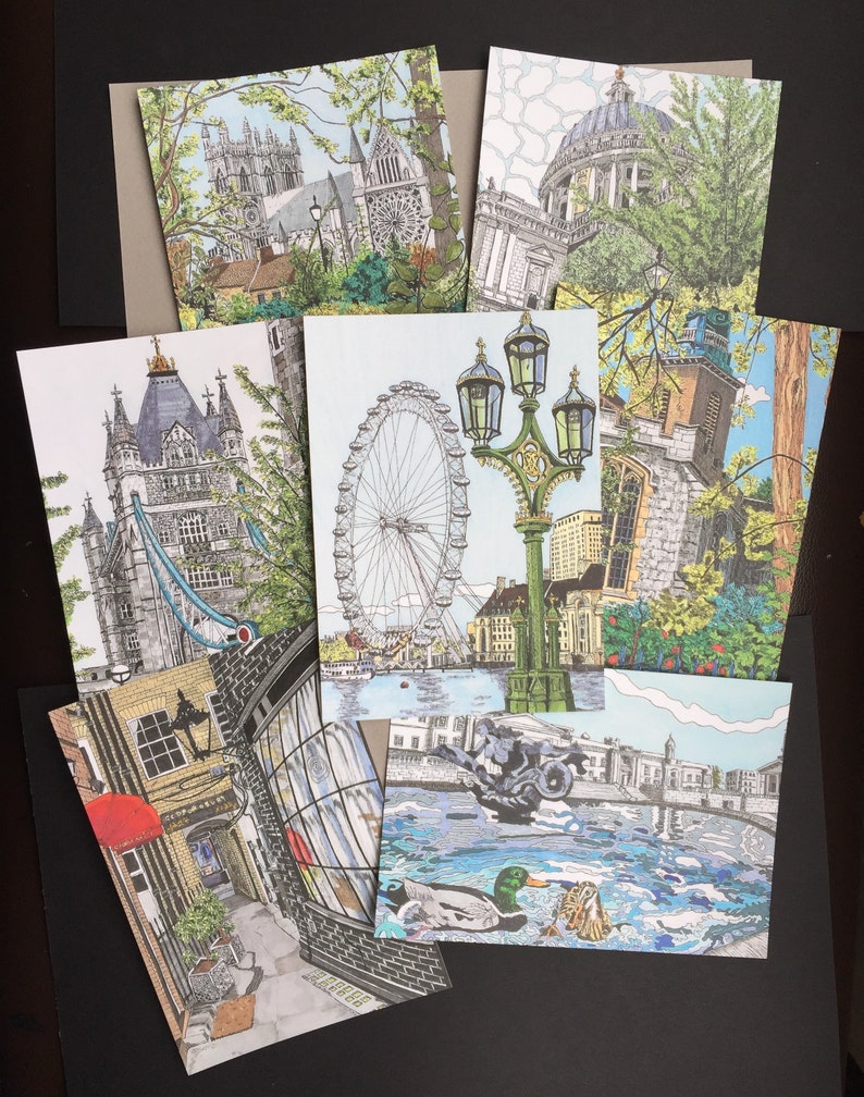 London Postcard Set Travel Postcard Illustrated Landmarks Stationary Cards UK Artist Set of 7 A6 image 1