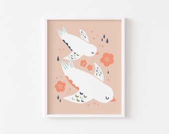 Birds in Flight - coral, peach, blue