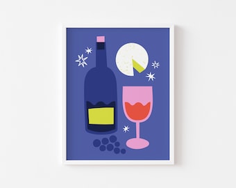 Wine and Brie Print | Wall Art, Mid Century Illustration Style, Foodie