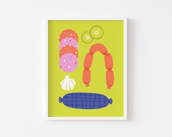 Charcuterie Print (Terrazzo Mortadella! Sausage Links! Pickles!) Wall Art, Mid Century Illustration Style