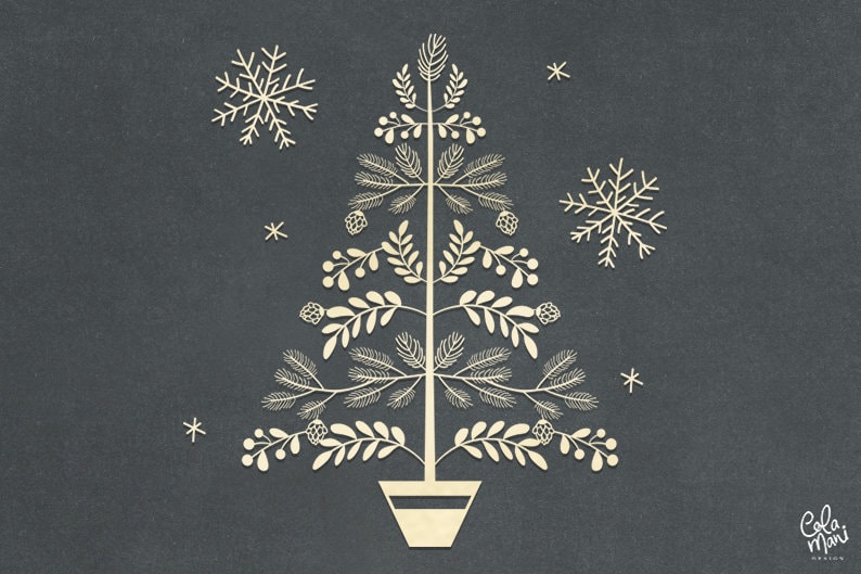 Hand drawn Snowflakes Holiday Card Papercut Silhouette Cameo Cricut Pine Cones Floral Leaves DXF Cut file Template Christmas Tree SVG