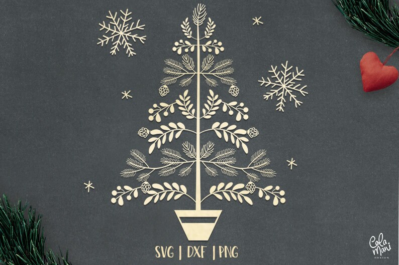 Hand drawn Snowflakes Holiday Card Papercut Silhouette Cameo Cricut Pine Cones Floral Leaves DXF Cut file Template Christmas Tree SVG